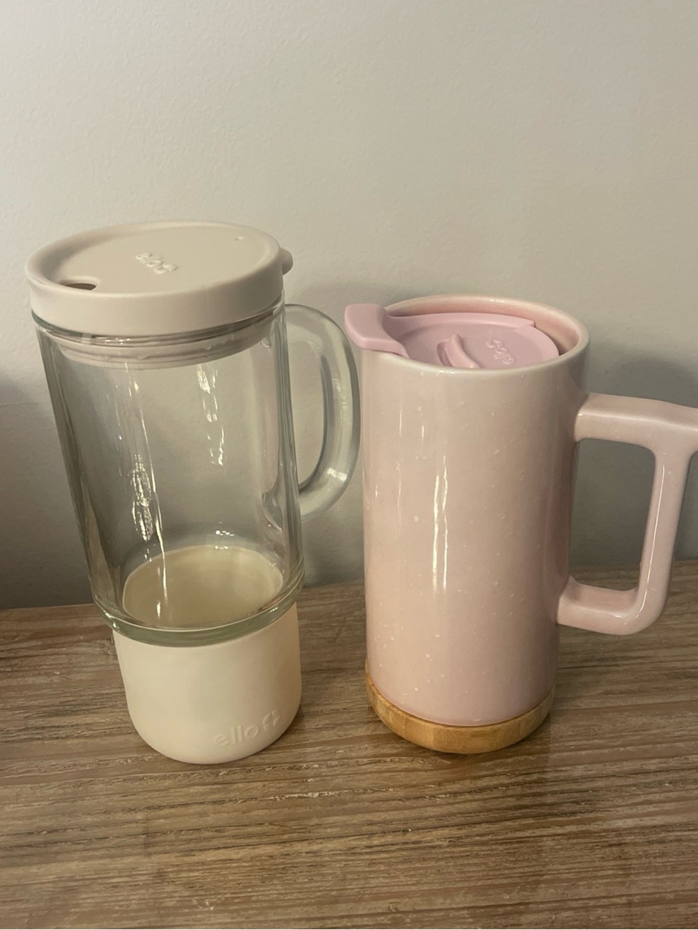 Bundle 2 Ello Pink Ceramic Travel Mug with Lid and cream glass travel mug